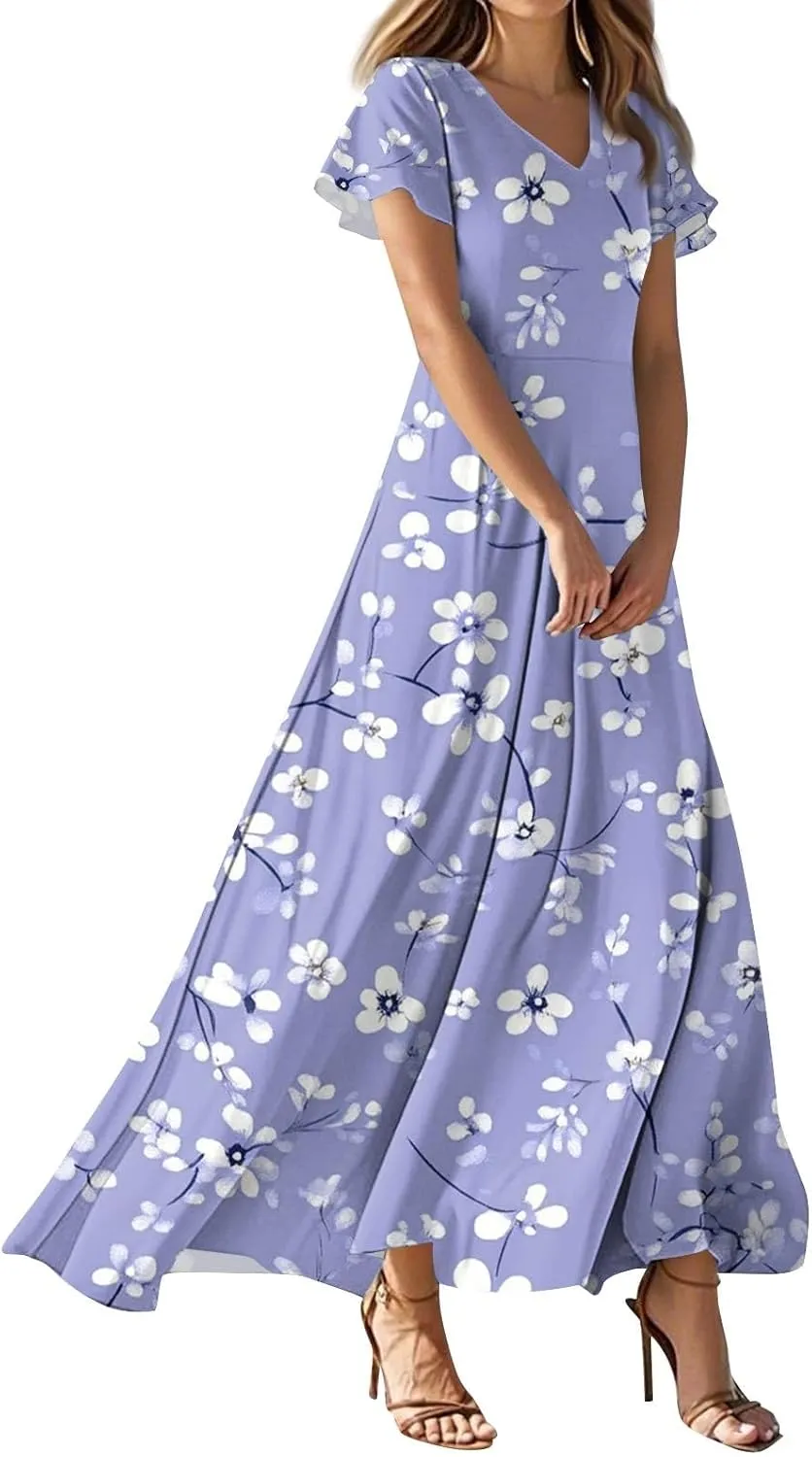 ZEFOTIM Long Dresses for Women Work Floral Dress Short Sleeve V Neck Dresses