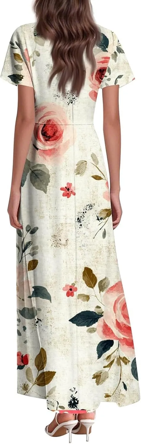 ZEFOTIM Long Dresses for Women Work Floral Dress Short Sleeve V Neck Dresses