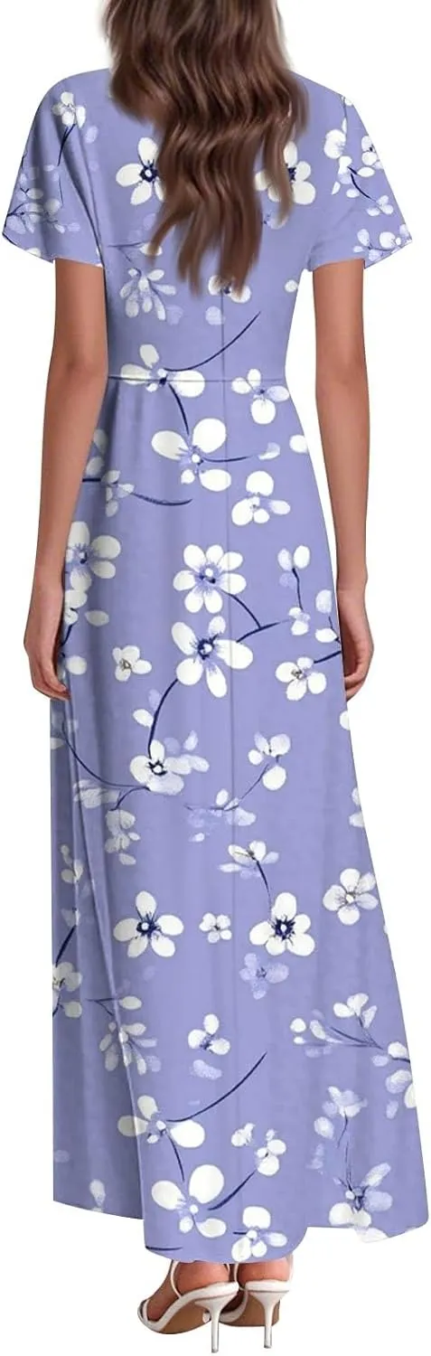 ZEFOTIM Long Dresses for Women Work Floral Dress Short Sleeve V Neck Dresses