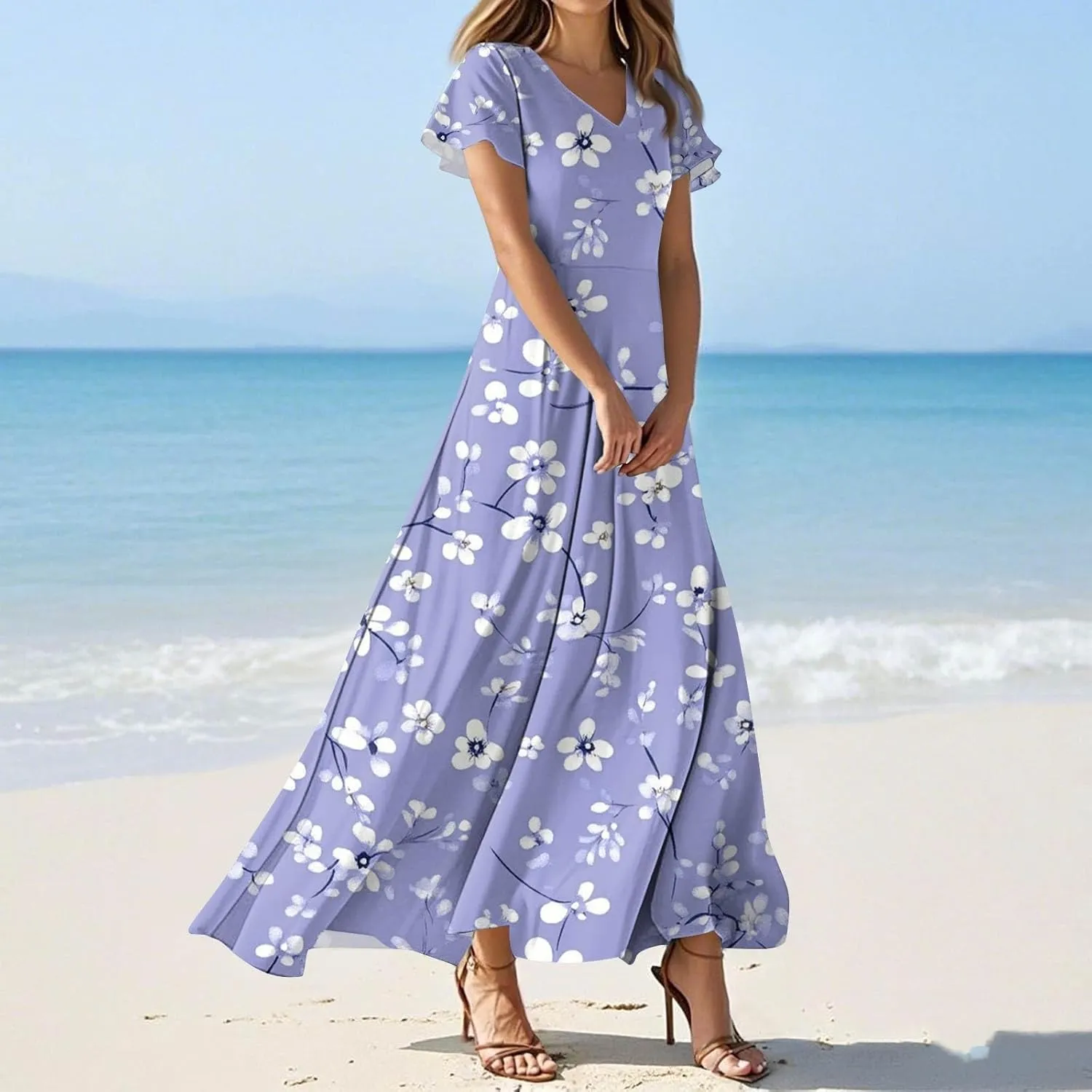 ZEFOTIM Long Dresses for Women Work Floral Dress Short Sleeve V Neck Dresses