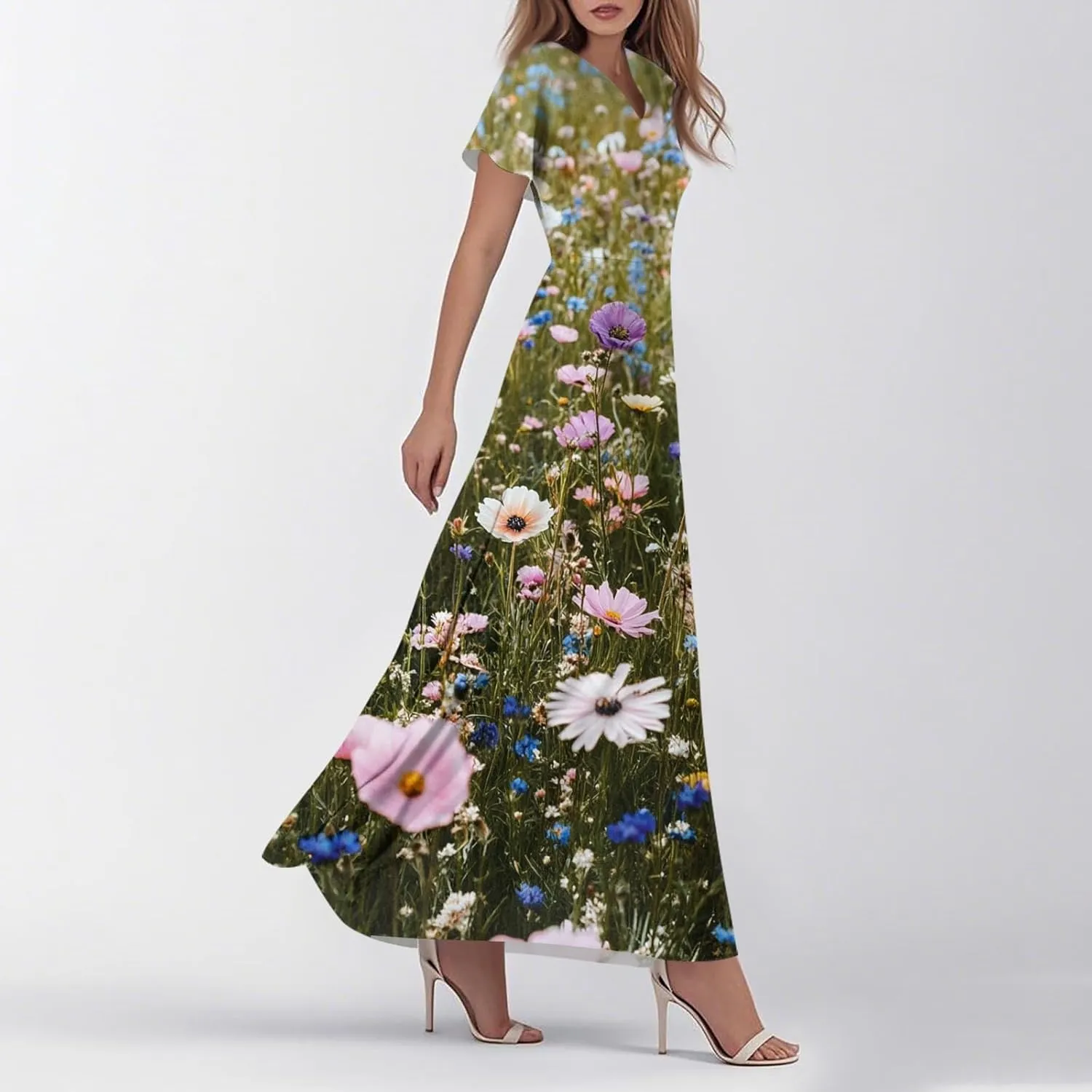 ZEFOTIM Long Flowy Dresses for Women Curvy Floral Dress Short Sleeve V Neck Dresses