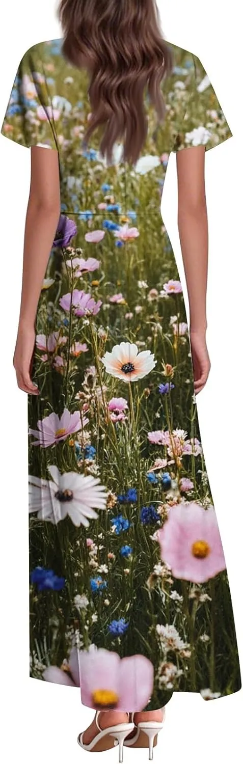 ZEFOTIM Long Flowy Dresses for Women Curvy Floral Dress Short Sleeve V Neck Dresses