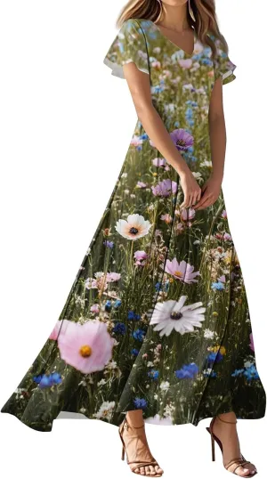 ZEFOTIM Long Flowy Dresses for Women Curvy Floral Dress Short Sleeve V Neck Dresses