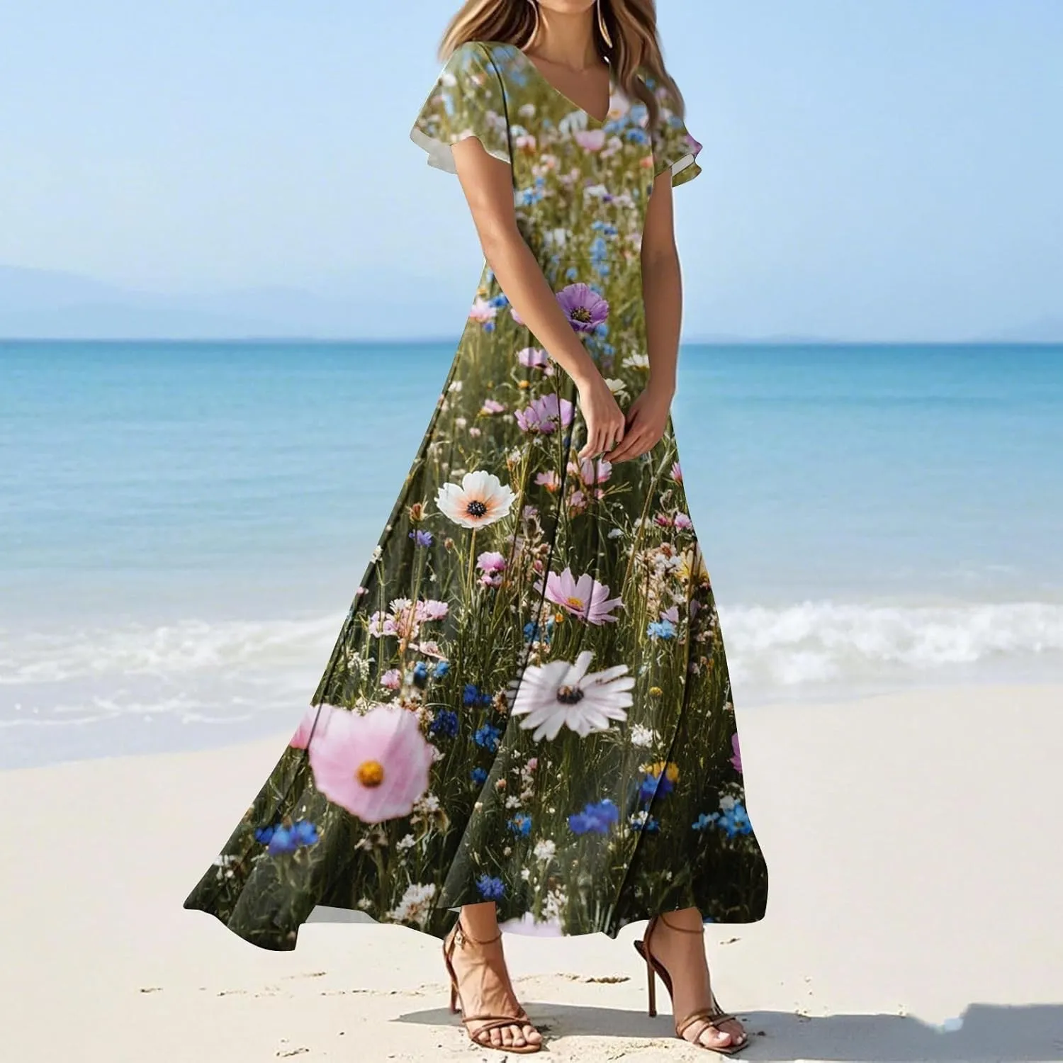 ZEFOTIM Long Flowy Dresses for Women Curvy Floral Dress Short Sleeve V Neck Dresses