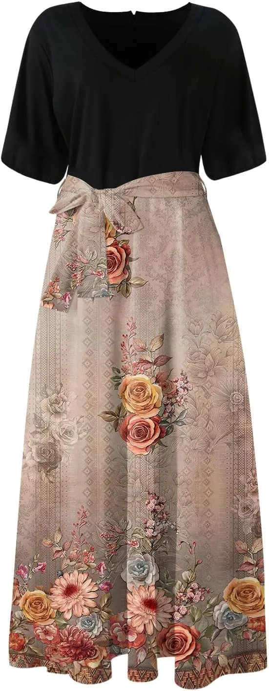 ZEFOTIM Maxi Dress for Women Flower Floral Dress Short Sleeve V Neck Dresses with Slit
