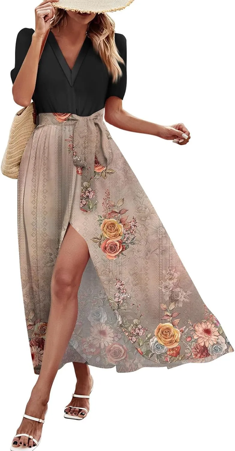 ZEFOTIM Maxi Dress for Women Flower Floral Dress Short Sleeve V Neck Dresses with Slit