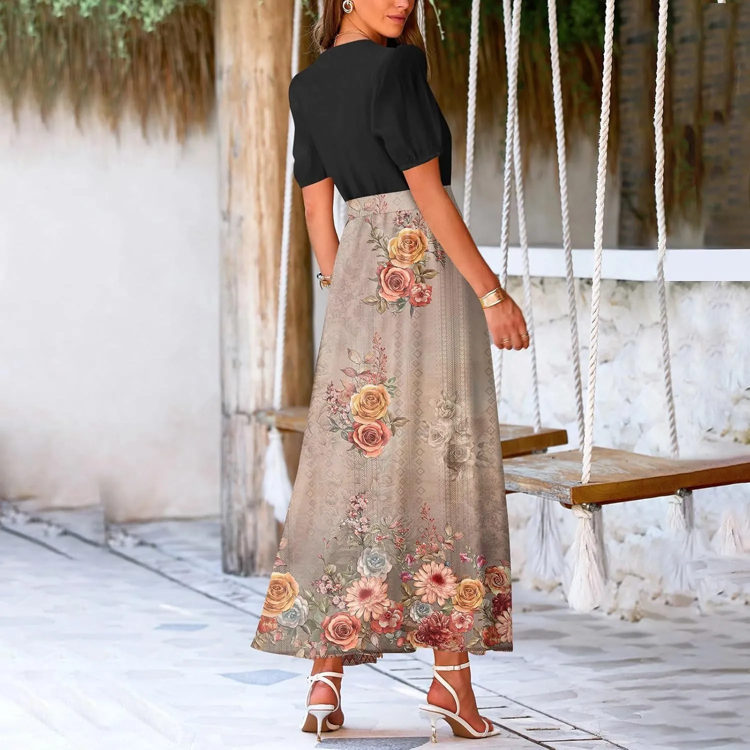 ZEFOTIM Maxi Dress for Women Flower Floral Dress Short Sleeve V Neck Dresses with Slit