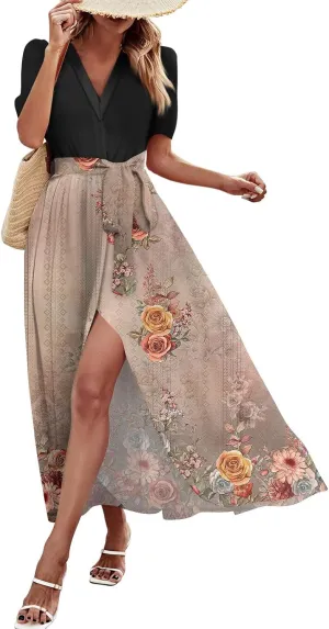 ZEFOTIM Maxi Dress for Women Flower Floral Dress Short Sleeve V Neck Dresses with Slit
