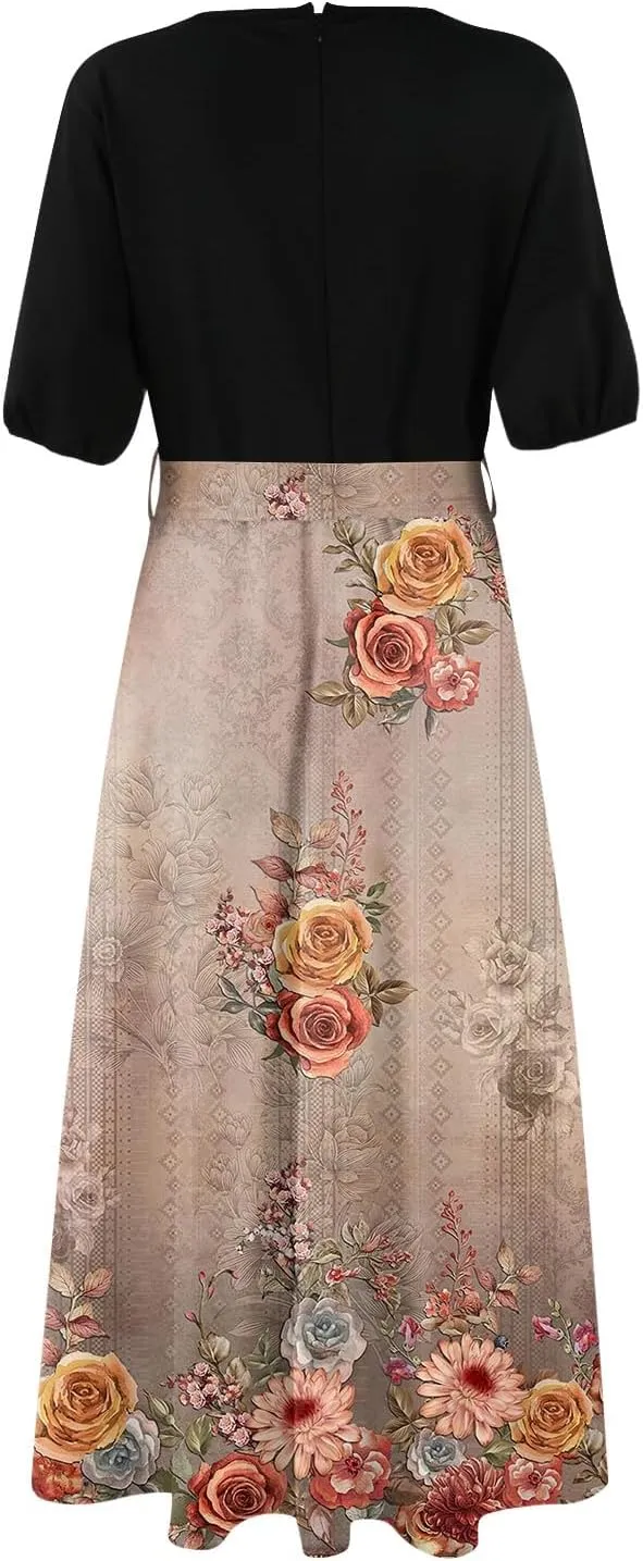 ZEFOTIM Maxi Dress for Women Flower Floral Dress Short Sleeve V Neck Dresses with Slit