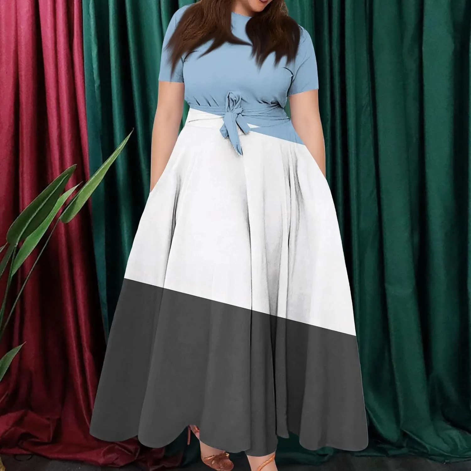 ZEFOTIM Maxi Dress for Women Plus Size Sexy Gradient/Stripe Dress Short Sleeve Crew Neck Dresses