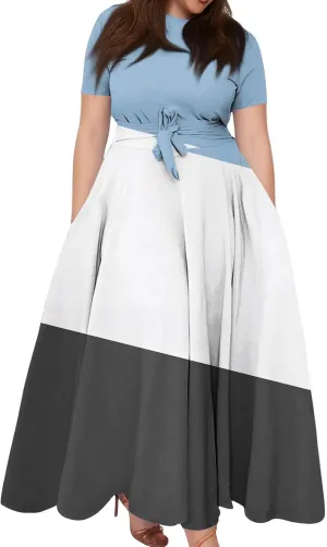 ZEFOTIM Maxi Dress for Women Plus Size Sexy Gradient/Stripe Dress Short Sleeve Crew Neck Dresses