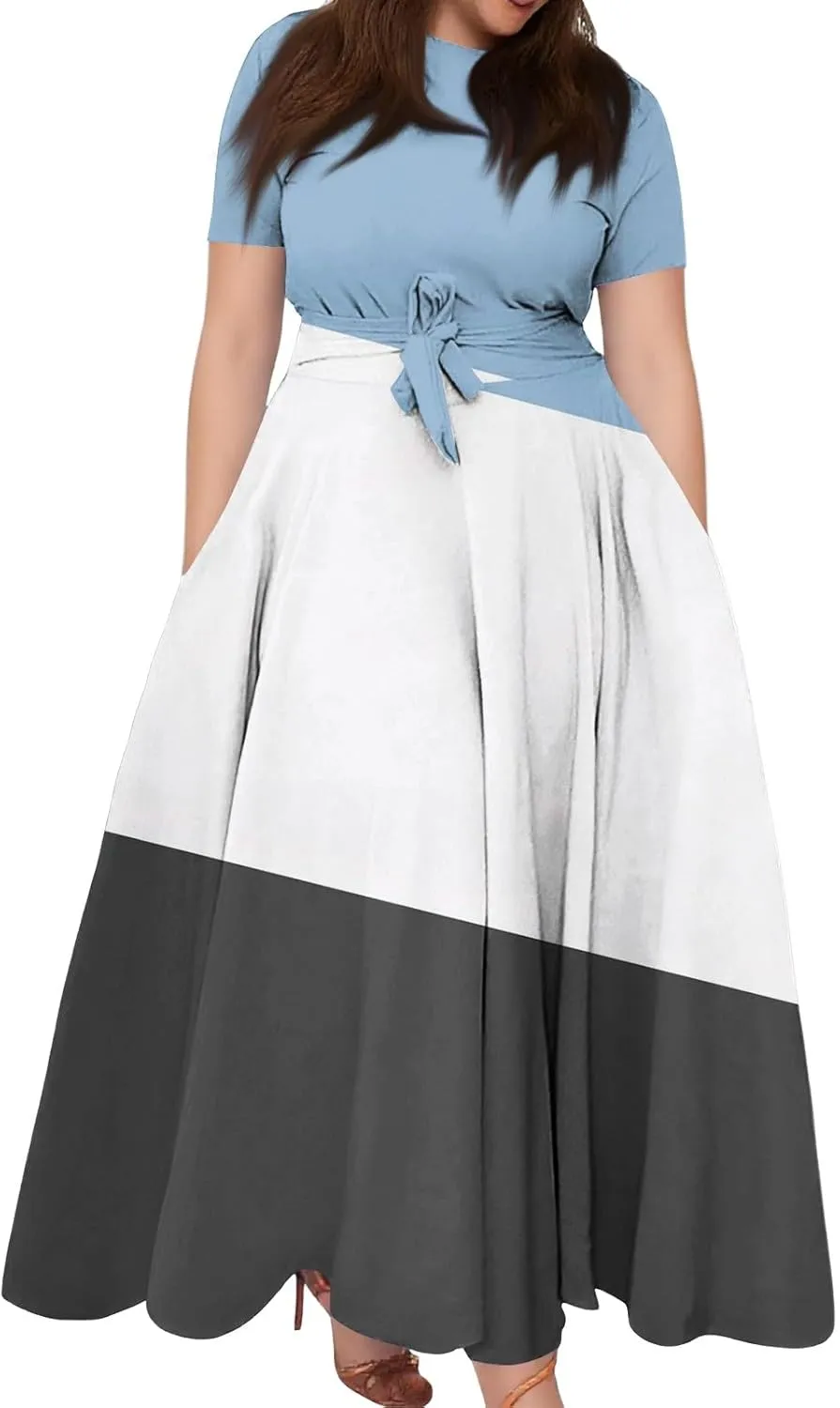 ZEFOTIM Maxi Dress for Women Plus Size Sexy Gradient/Stripe Dress Short Sleeve Crew Neck Dresses