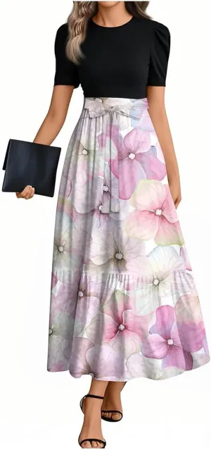 ZEFOTIM Women's Maxi Dress Cute Floral Dress Short Sleeve Crew Neck Dresses with Belt