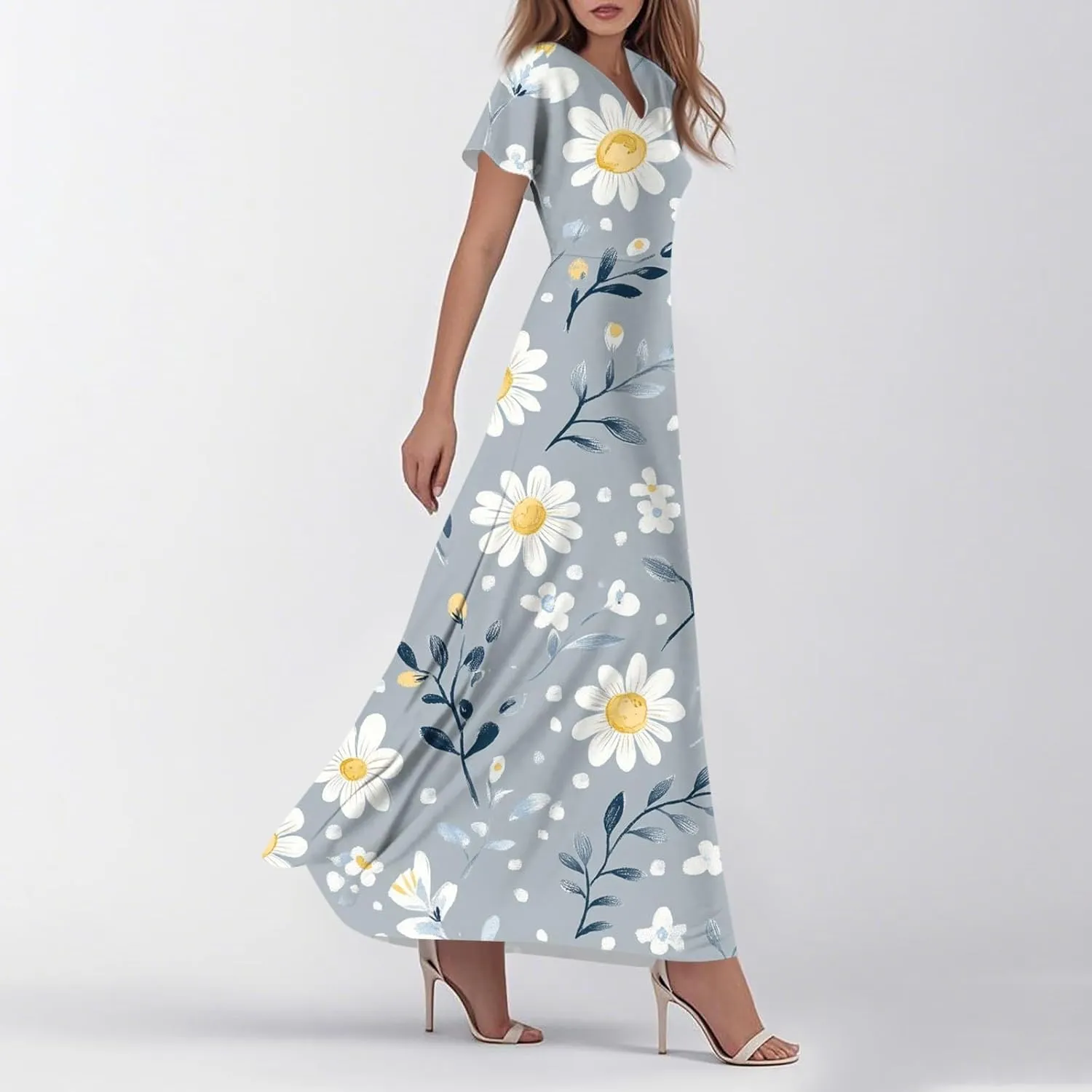 ZEFOTIM Women's Maxi Dress Flower Floral Dress Short Sleeve V Neck Dresses
