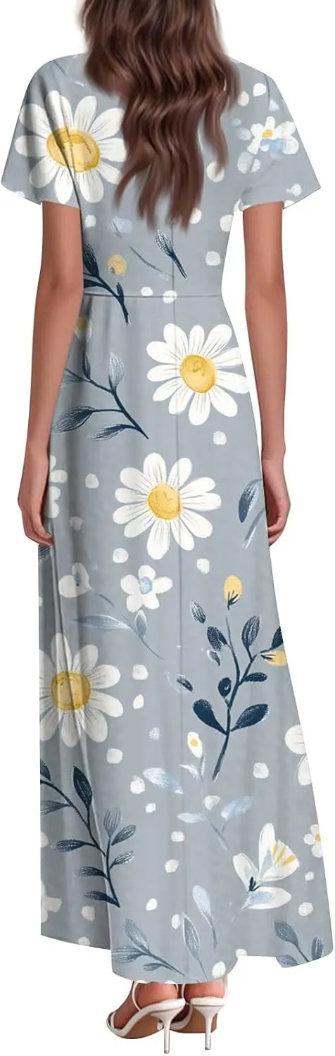 ZEFOTIM Women's Maxi Dress Flower Floral Dress Short Sleeve V Neck Dresses