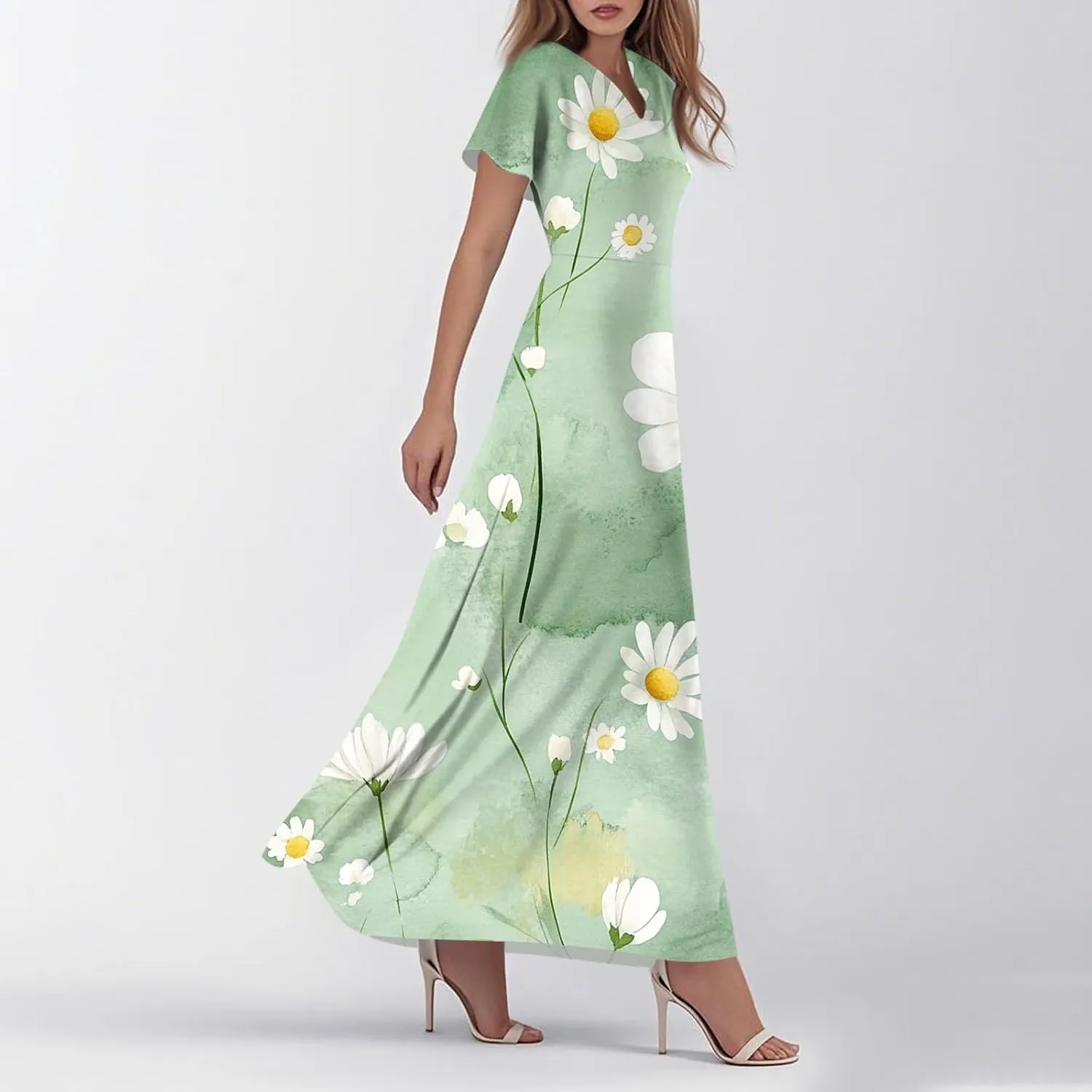 ZEFOTIM Women's Maxi Dress Flower Floral Dress Short Sleeve V Neck Dresses