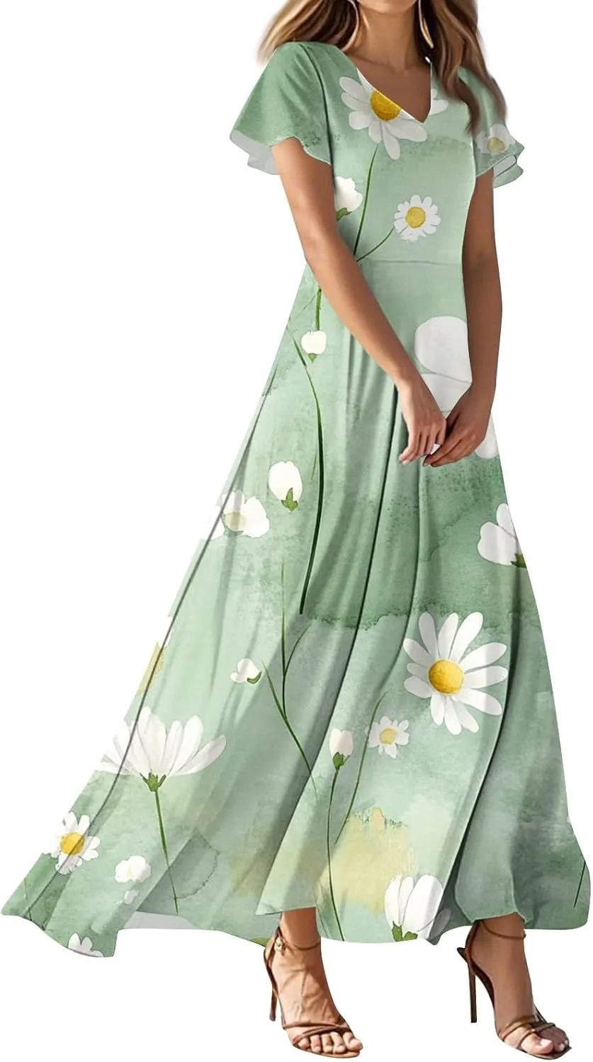 ZEFOTIM Women's Maxi Dress Flower Floral Dress Short Sleeve V Neck Dresses