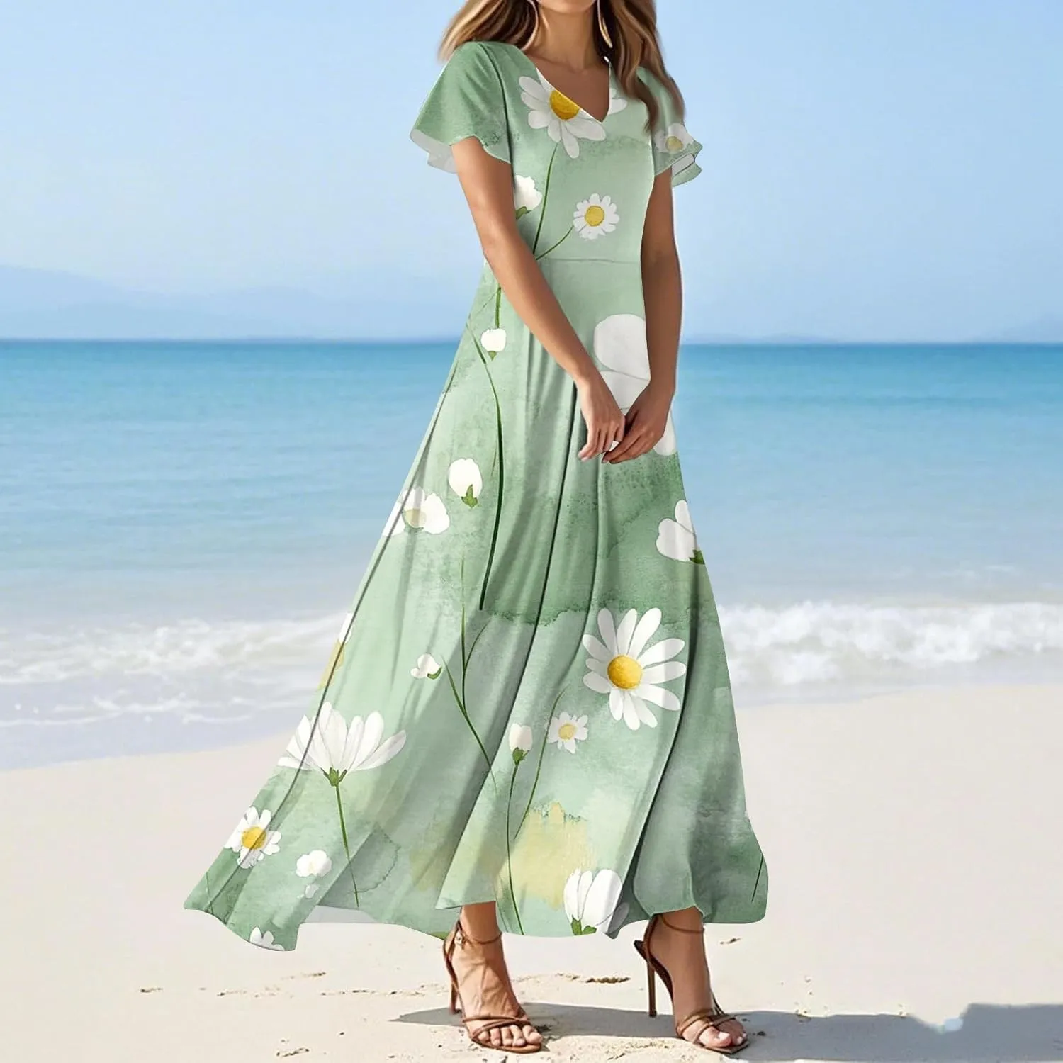 ZEFOTIM Women's Maxi Dress Flower Floral Dress Short Sleeve V Neck Dresses