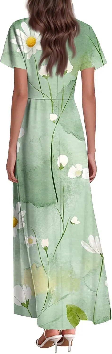 ZEFOTIM Women's Maxi Dress Flower Floral Dress Short Sleeve V Neck Dresses