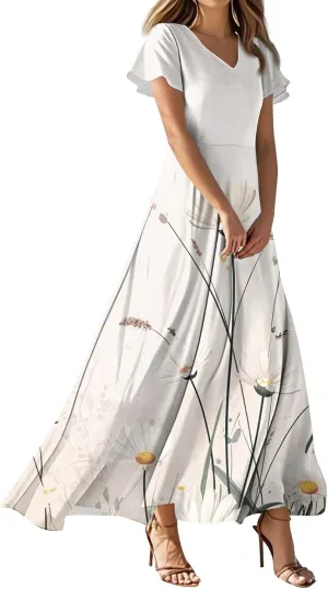 ZEFOTIM Women's Maxi Dress Flower Floral Dress Short Sleeve V Neck Dresses