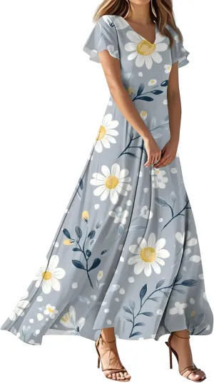 ZEFOTIM Women's Maxi Dress Flower Floral Dress Short Sleeve V Neck Dresses