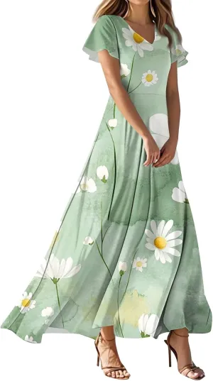 ZEFOTIM Women's Maxi Dress Flower Floral Dress Short Sleeve V Neck Dresses