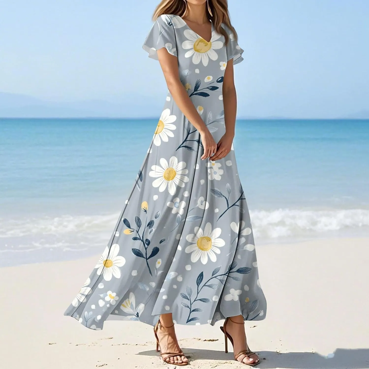 ZEFOTIM Women's Maxi Dress Flower Floral Dress Short Sleeve V Neck Dresses