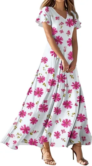 ZEFOTIM Women's Maxi Dress Holiday Floral Dress Short Sleeve V Neck Dresses