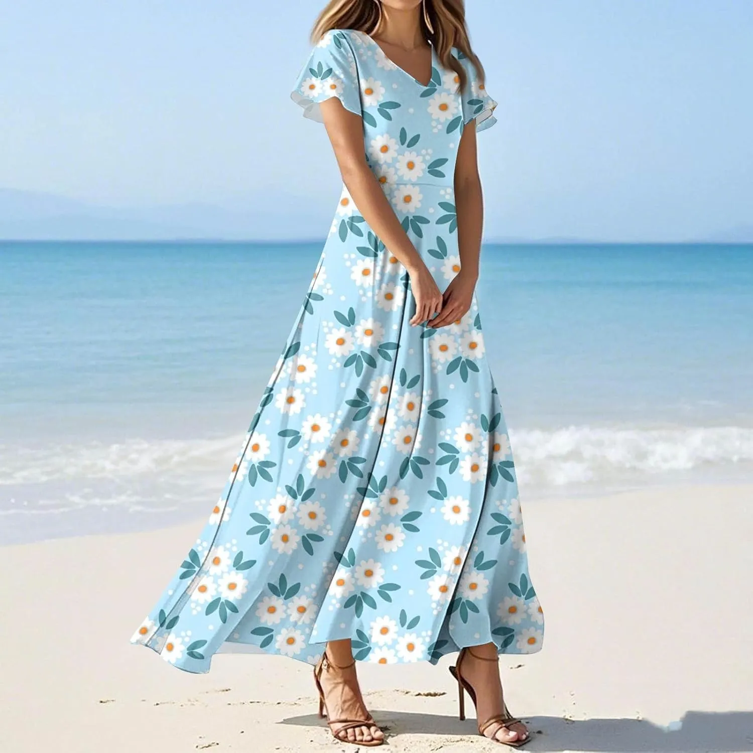 ZEFOTIM Women's Maxi Dress Holiday Floral Dress Short Sleeve V Neck Dresses