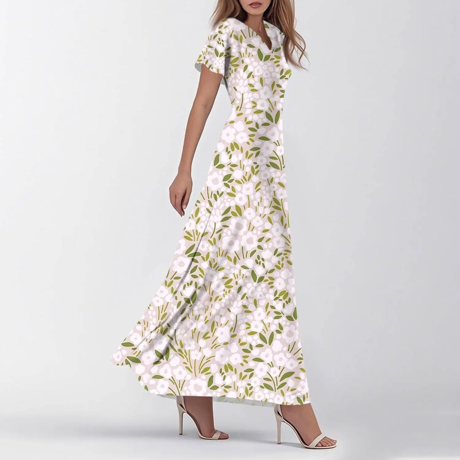 ZEFOTIM Women's Maxi Dress Holiday Floral Dress Short Sleeve V Neck Dresses