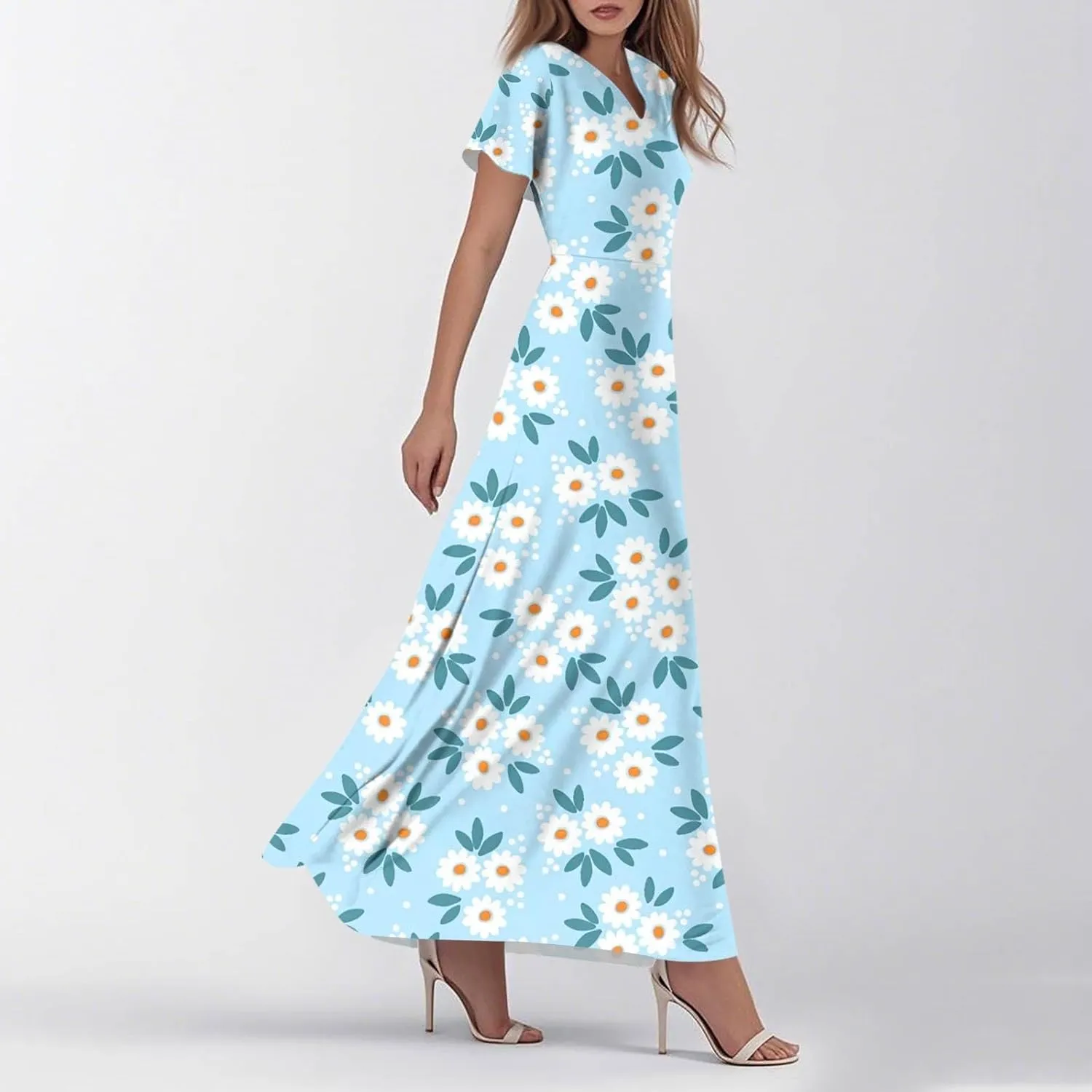 ZEFOTIM Women's Maxi Dress Holiday Floral Dress Short Sleeve V Neck Dresses