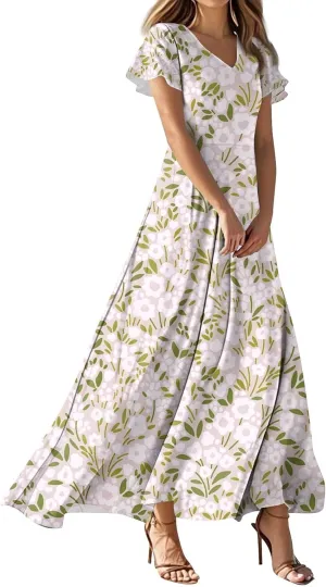 ZEFOTIM Women's Maxi Dress Holiday Floral Dress Short Sleeve V Neck Dresses