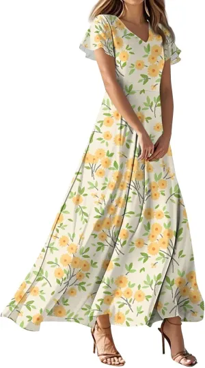 ZEFOTIM Women's Maxi Dress Holiday Floral Dress Short Sleeve V Neck Dresses