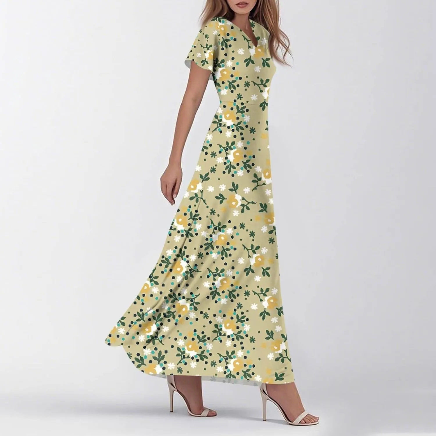 ZEFOTIM Women's Maxi Dress Holiday Floral Dress Short Sleeve V Neck Dresses