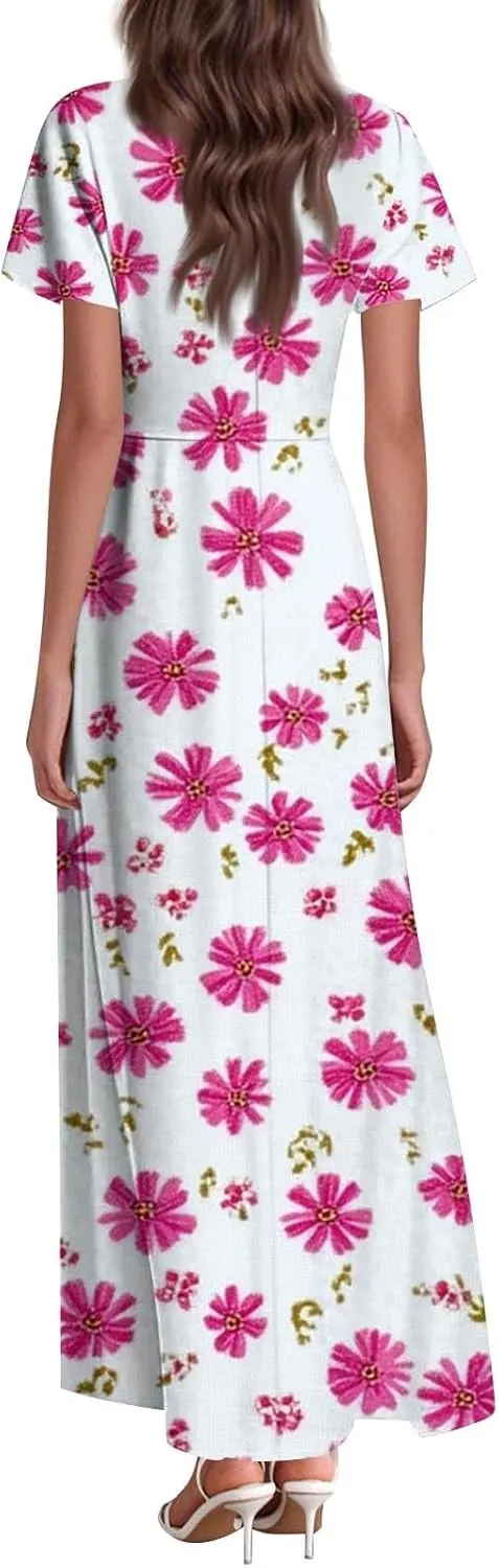 ZEFOTIM Women's Maxi Dress Holiday Floral Dress Short Sleeve V Neck Dresses