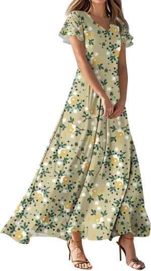 ZEFOTIM Women's Maxi Dress Holiday Floral Dress Short Sleeve V Neck Dresses