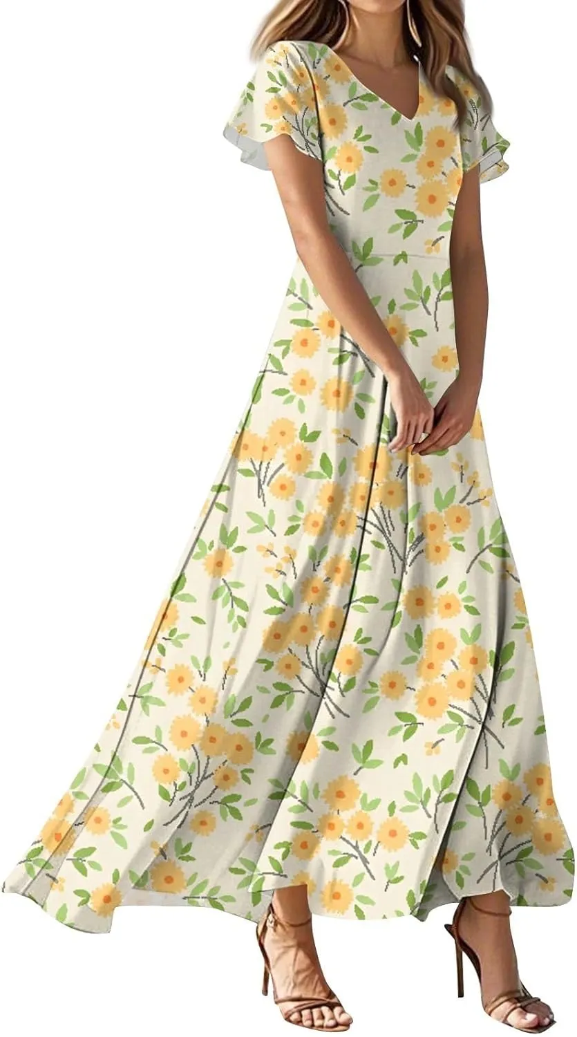 ZEFOTIM Women's Maxi Dress Holiday Floral Dress Short Sleeve V Neck Dresses