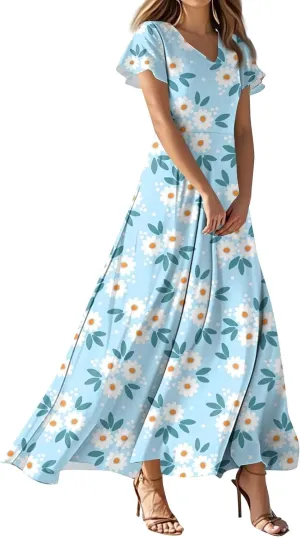 ZEFOTIM Women's Maxi Dress Holiday Floral Dress Short Sleeve V Neck Dresses