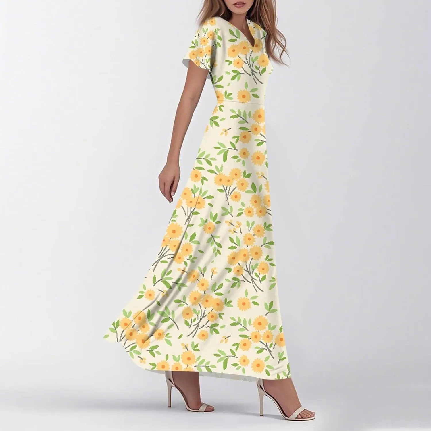 ZEFOTIM Women's Maxi Dress Holiday Floral Dress Short Sleeve V Neck Dresses