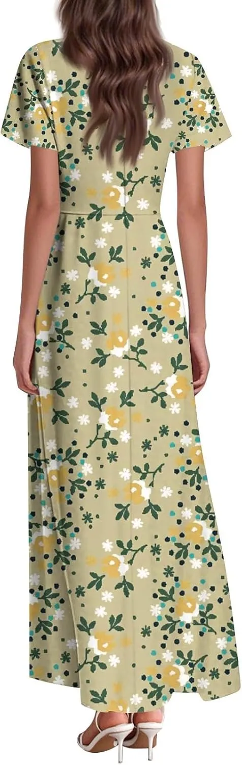 ZEFOTIM Women's Maxi Dress Holiday Floral Dress Short Sleeve V Neck Dresses