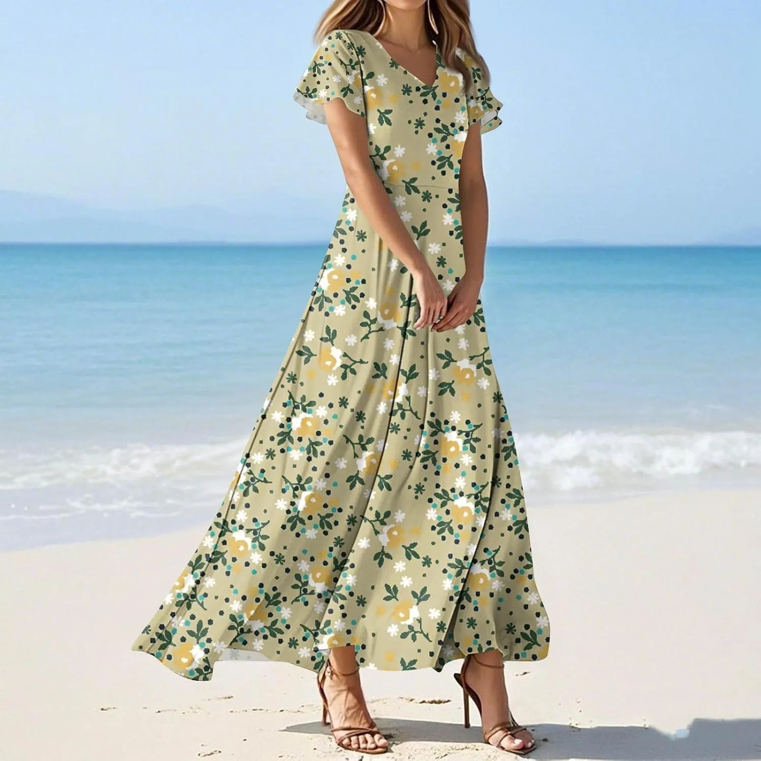 ZEFOTIM Women's Maxi Dress Holiday Floral Dress Short Sleeve V Neck Dresses