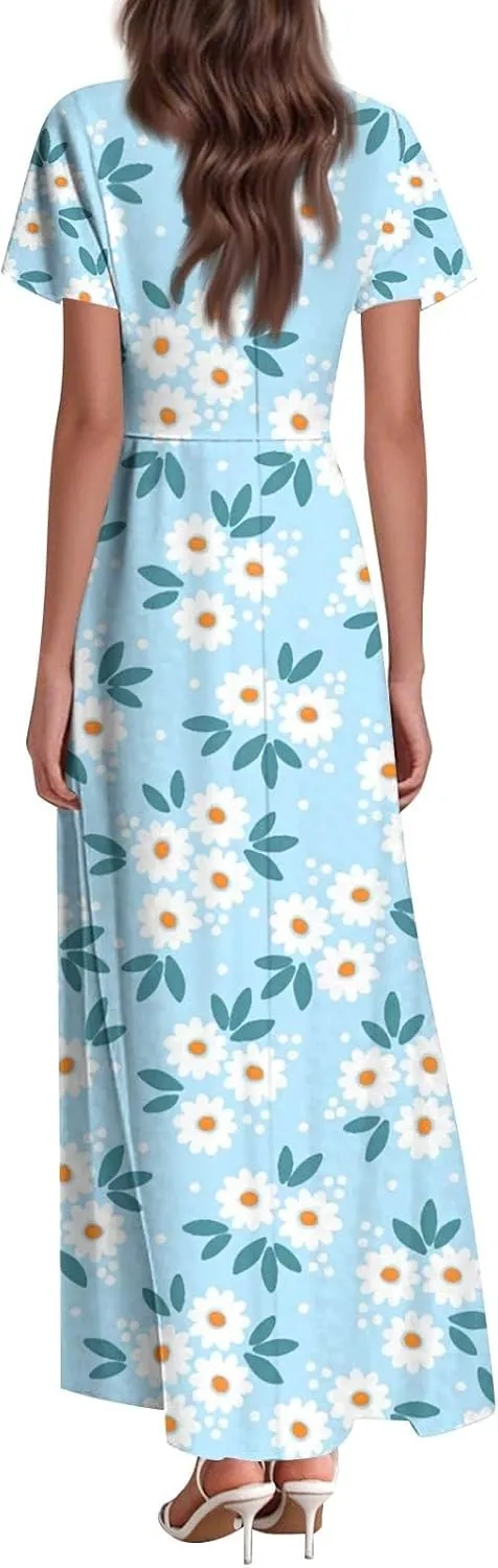 ZEFOTIM Women's Maxi Dress Holiday Floral Dress Short Sleeve V Neck Dresses