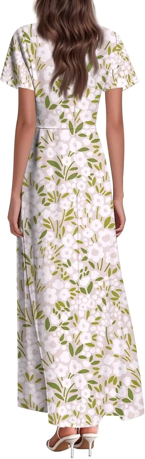 ZEFOTIM Women's Maxi Dress Holiday Floral Dress Short Sleeve V Neck Dresses