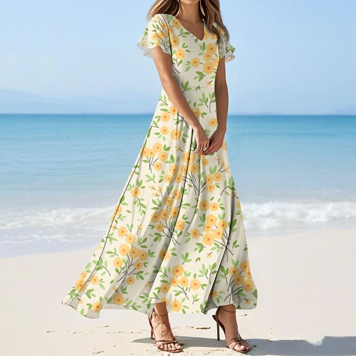 ZEFOTIM Women's Maxi Dress Holiday Floral Dress Short Sleeve V Neck Dresses