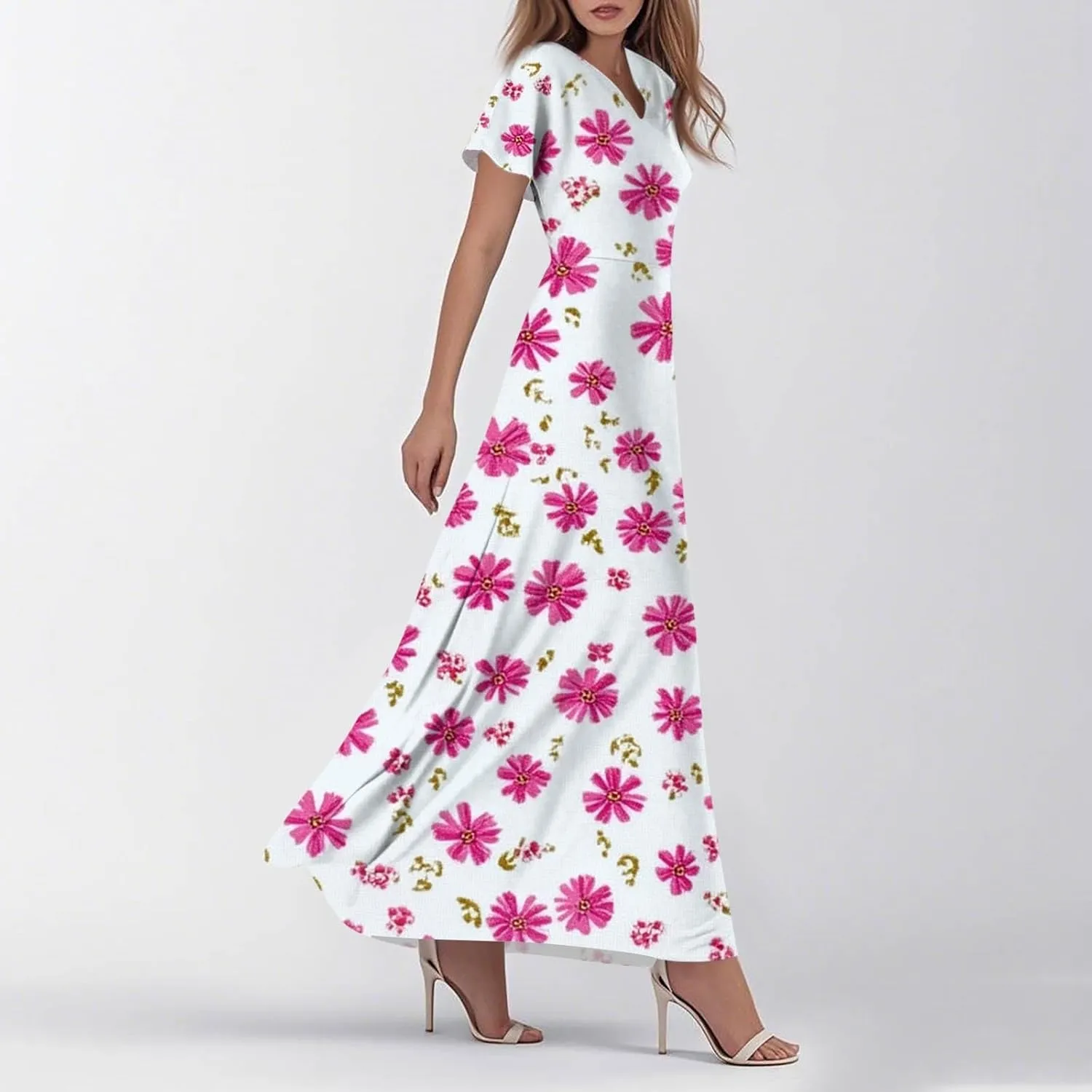 ZEFOTIM Women's Maxi Dress Holiday Floral Dress Short Sleeve V Neck Dresses