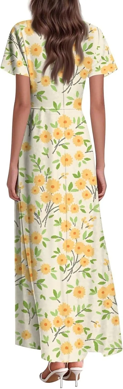 ZEFOTIM Women's Maxi Dress Holiday Floral Dress Short Sleeve V Neck Dresses