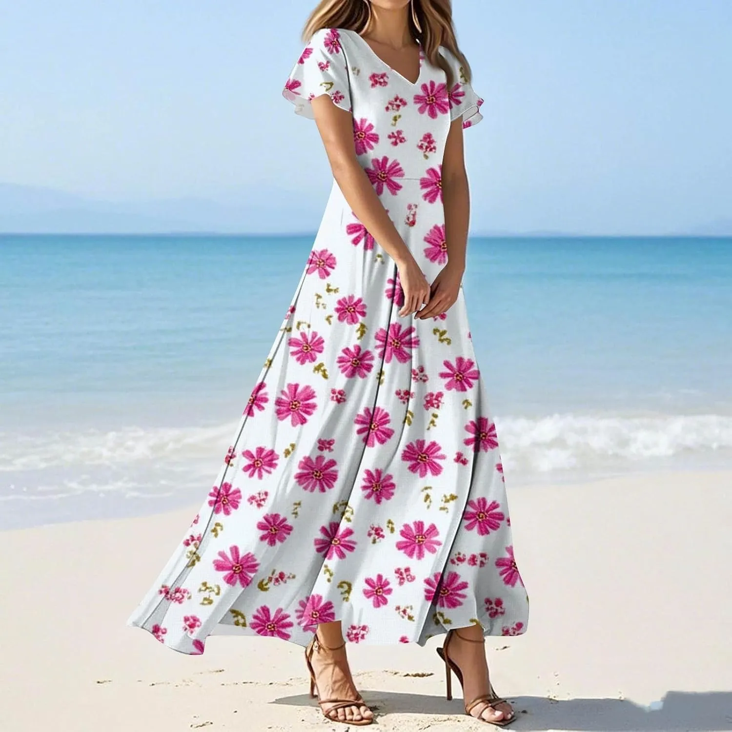 ZEFOTIM Women's Maxi Dress Holiday Floral Dress Short Sleeve V Neck Dresses
