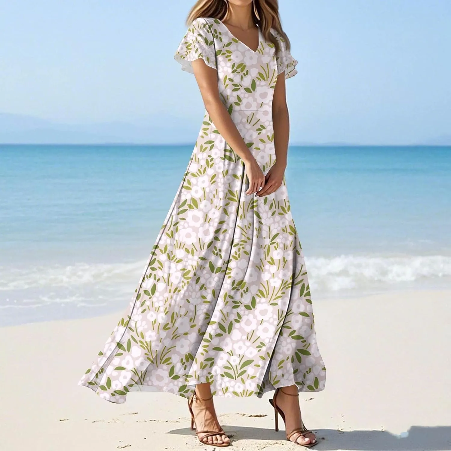 ZEFOTIM Women's Maxi Dress Holiday Floral Dress Short Sleeve V Neck Dresses