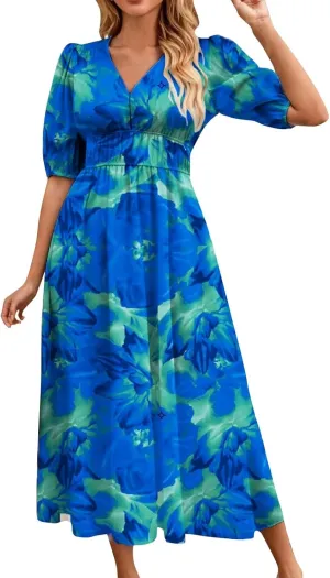 ZEFOTIM Women's Maxi Dress Trendy Floral Dress Short Sleeve V Neck Dresses