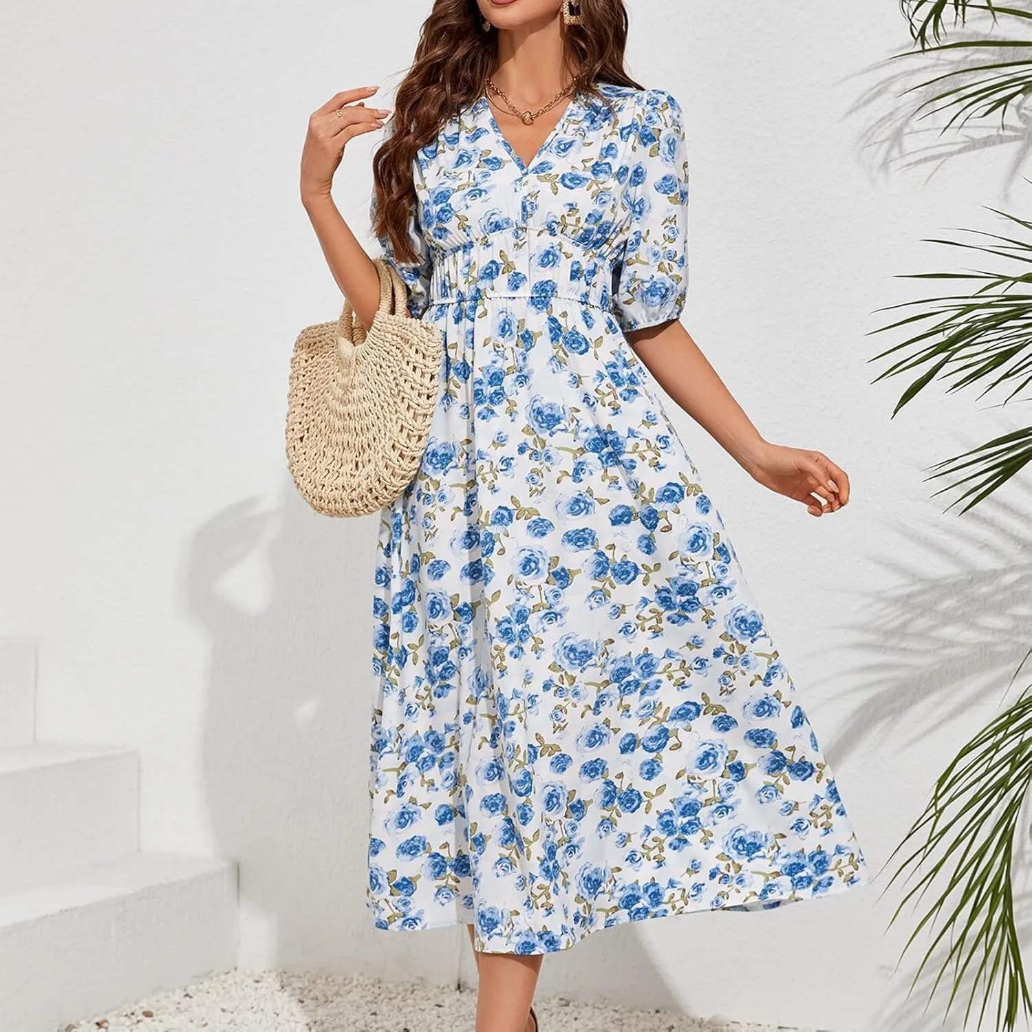 ZEFOTIM Women's Maxi Dress Trendy Floral Dress Short Sleeve V Neck Dresses
